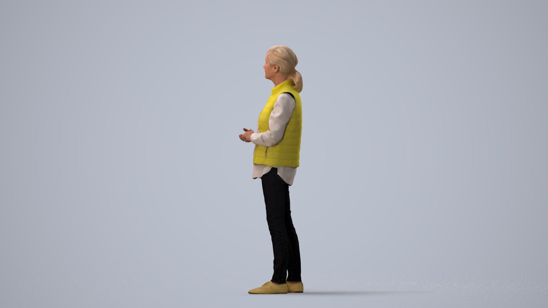 realistic 3D senior woman casual standing, scanned archviz people for Blender and 3ds Max, three-quarter view render
