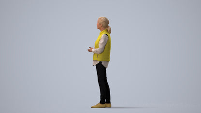 realistic 3D senior woman casual standing, scanned archviz people for Blender and 3ds Max, three-quarter view render