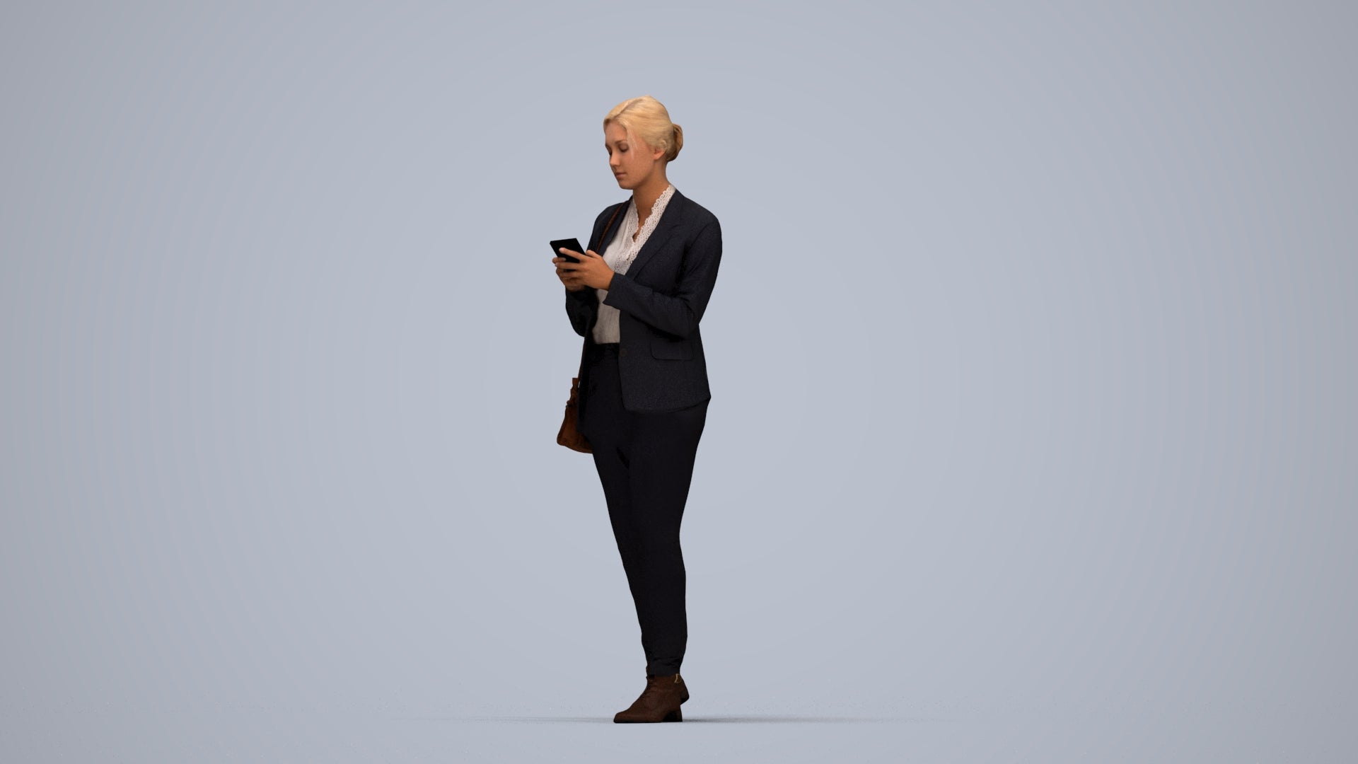 3D people model woman business walking, scanned human for 3ds Max rendering, top-down view render