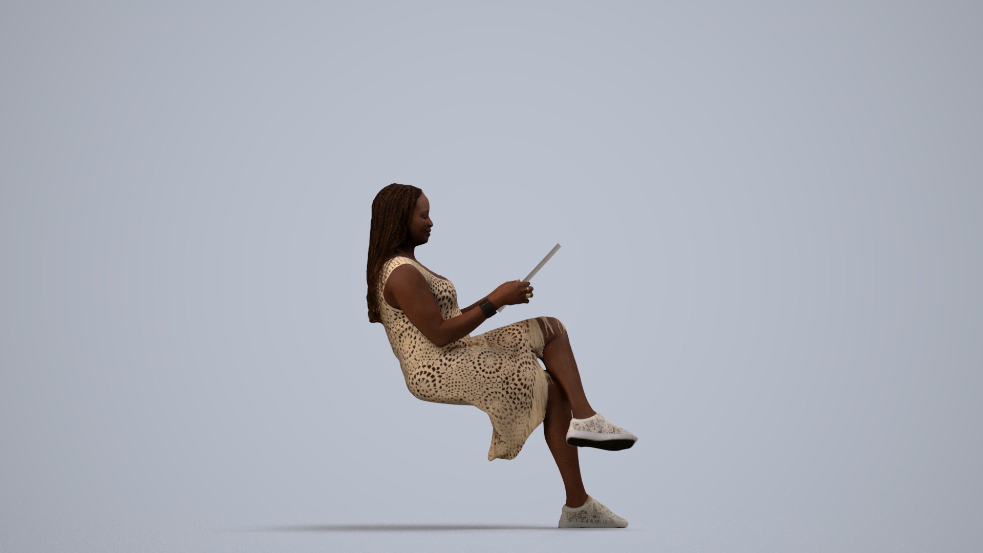 realistic 3D human woman casual sitting, archviz people FBX OBJ for Blender, side view render