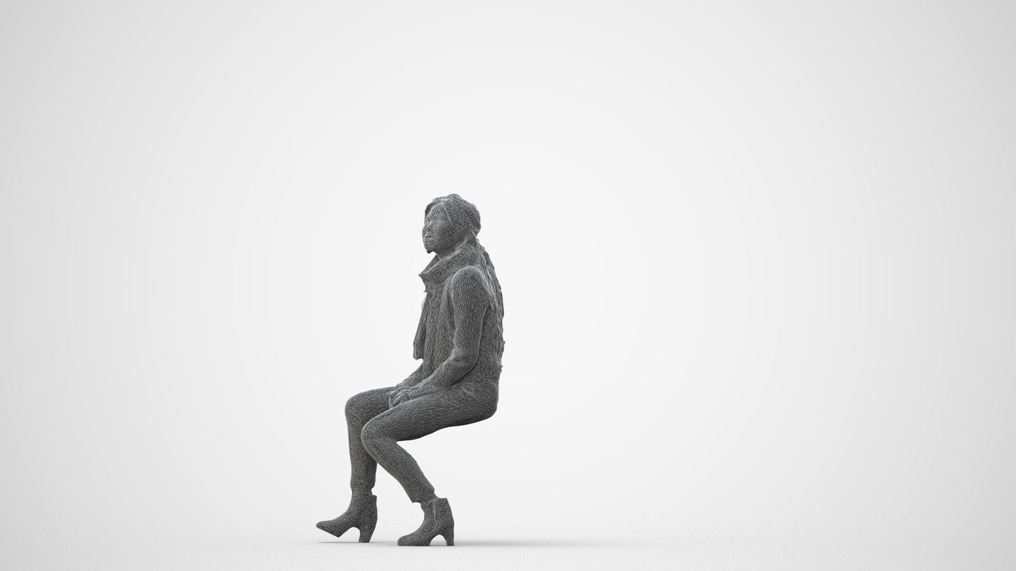 3D human model woman casual sitting, photogrammetry scanned person for archviz, square thumbnail