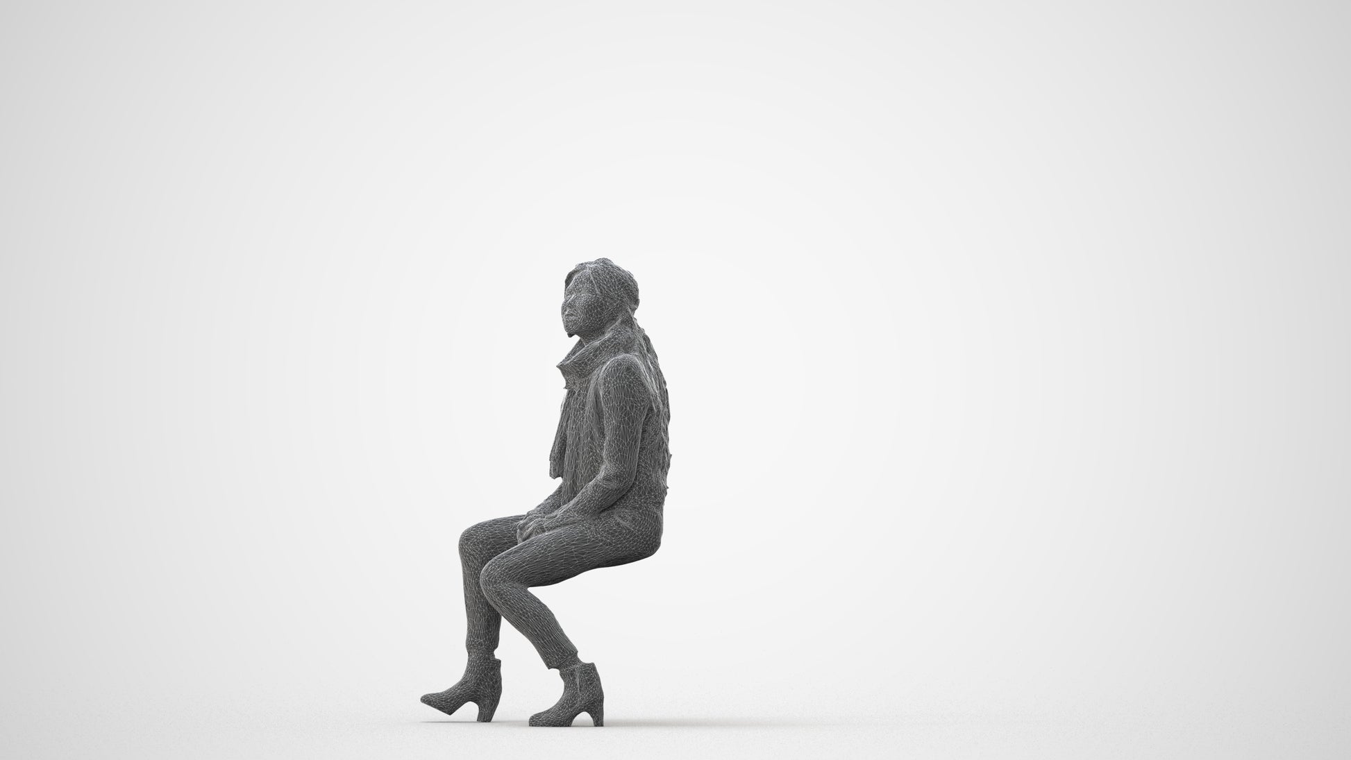 3D human model woman casual sitting, photogrammetry scanned person for archviz, square thumbnail