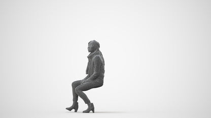 3D human model woman casual sitting, photogrammetry scanned person for archviz, square thumbnail