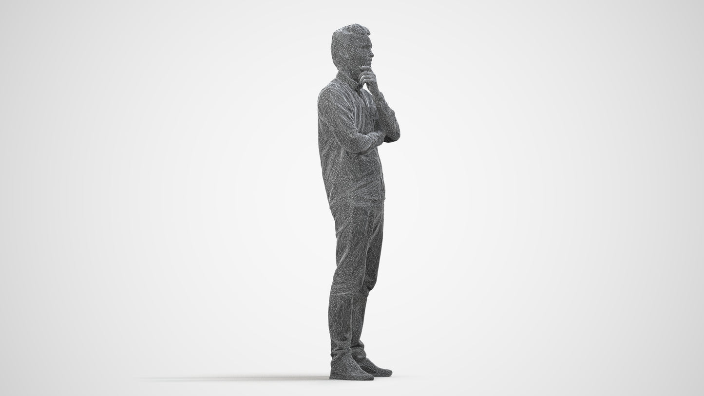 3D scanned man standing casual, photorealistic archviz people for Enscape and SketchUp, wireframe side view