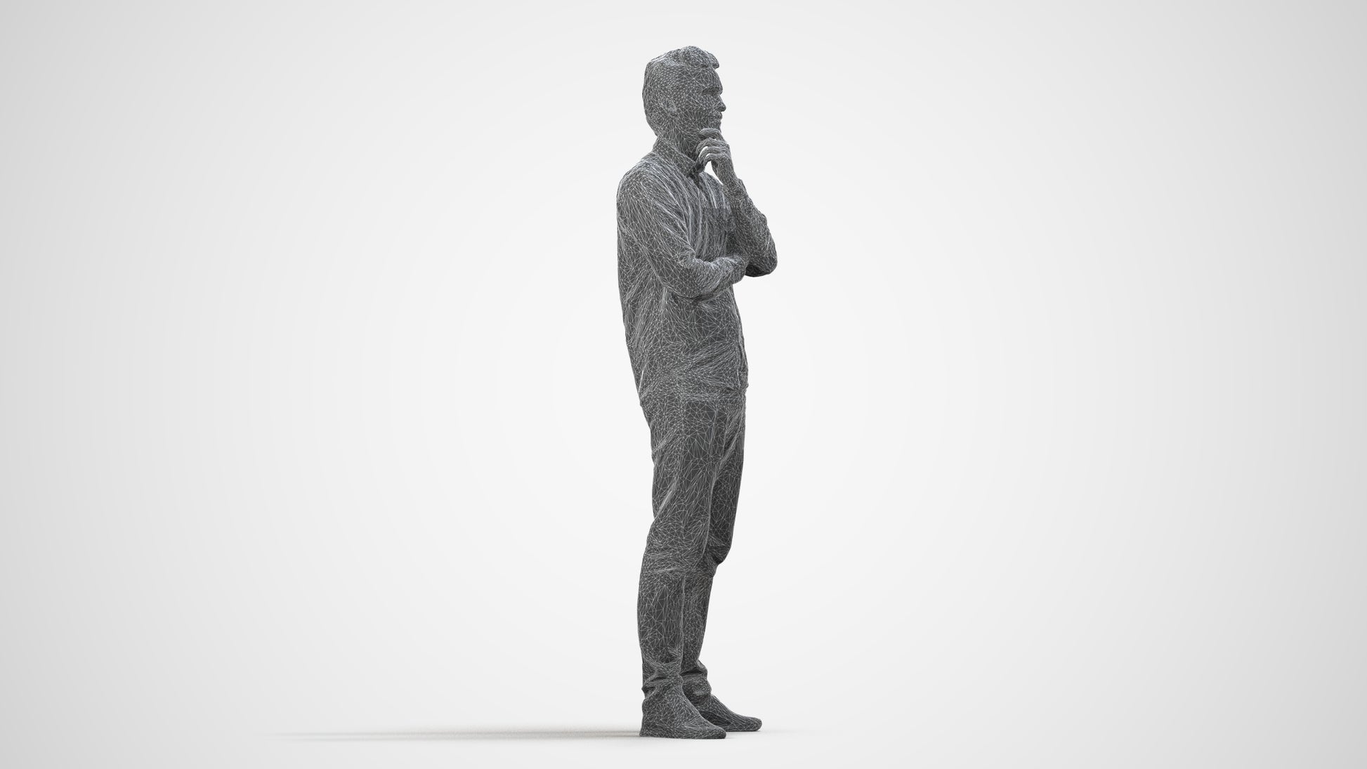 3D scanned man standing casual, photorealistic archviz people for Enscape and SketchUp, wireframe side view