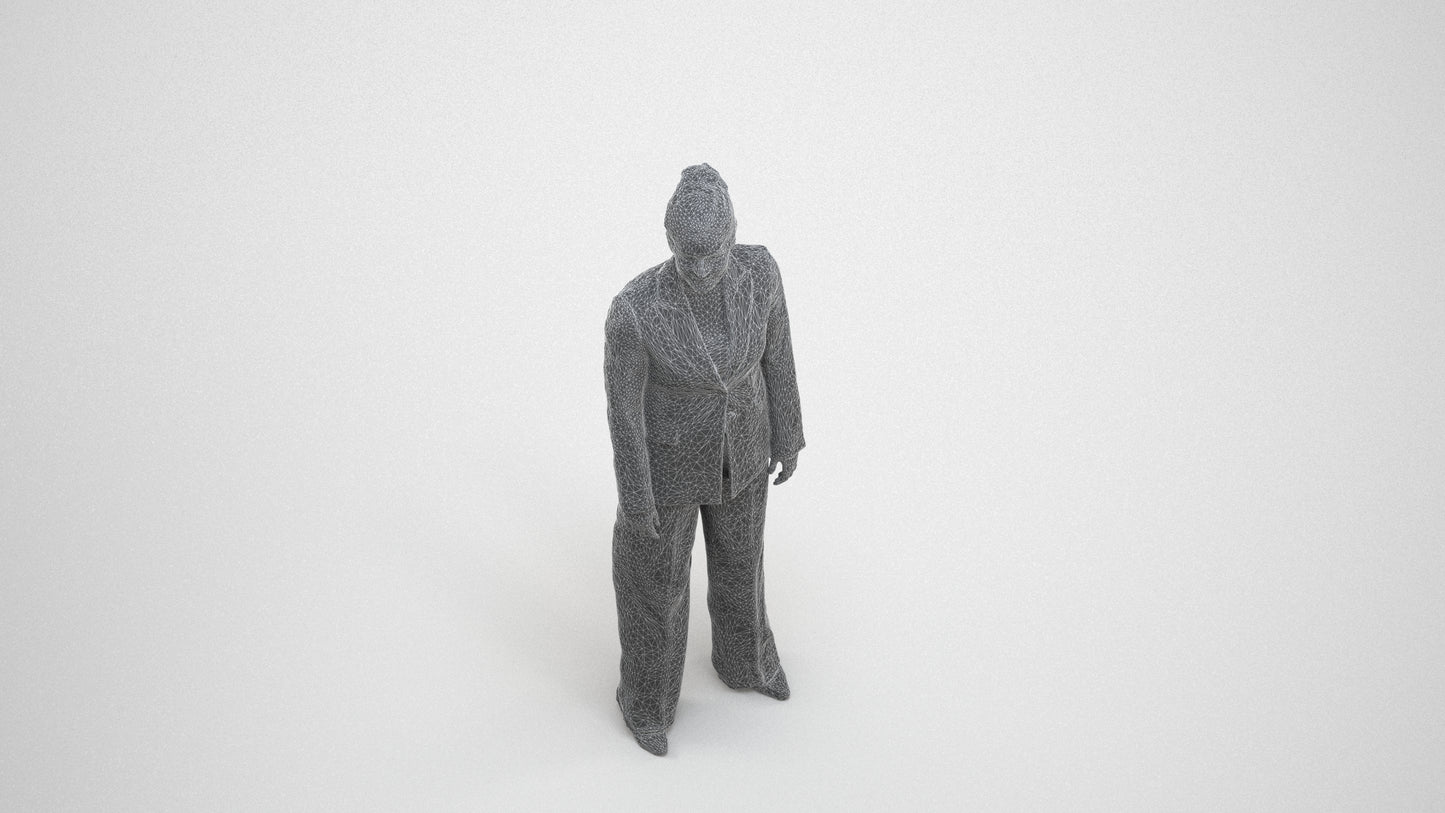 3D scanned woman standing business, photorealistic archviz people for Enscape and SketchUp, wireframe three-quarter view