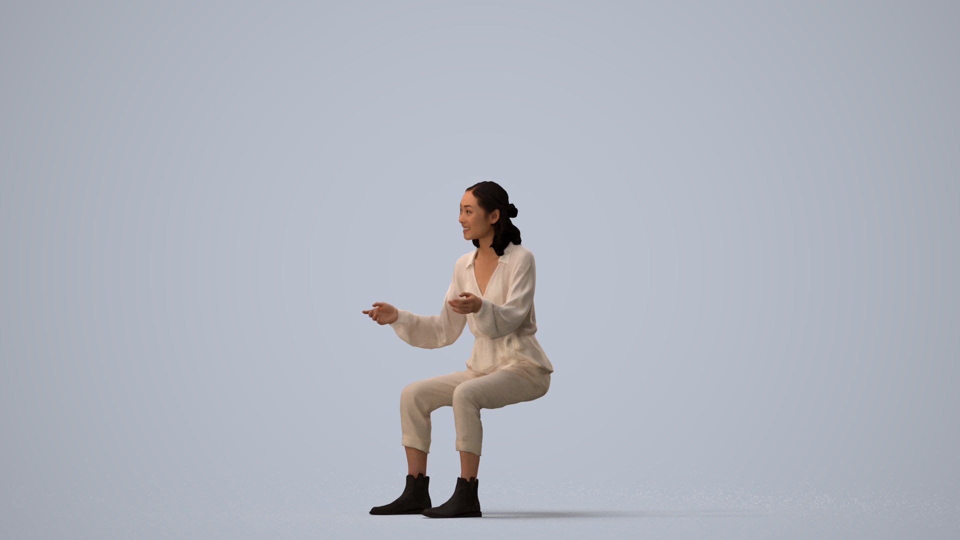 3D scanned woman sitting casual, photorealistic archviz people for Enscape and SketchUp, three-quarter view render