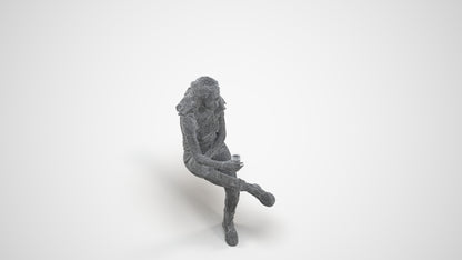 realistic 3D human woman casual sitting, archviz people FBX OBJ for Blender, wireframe three-quarter view