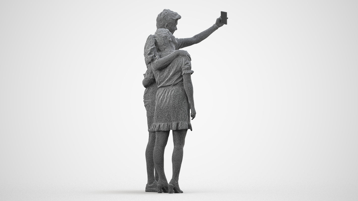 3D scanned woman couple casual, photorealistic archviz people for Enscape and SketchUp, wireframe side view