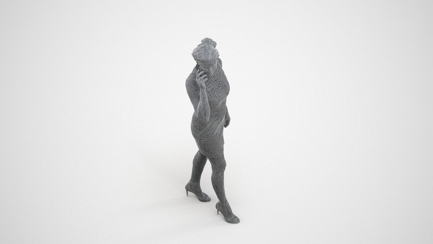 photogrammetry 3D woman casual walking, realistic human model archviz FBX, wireframe three-quarter view
