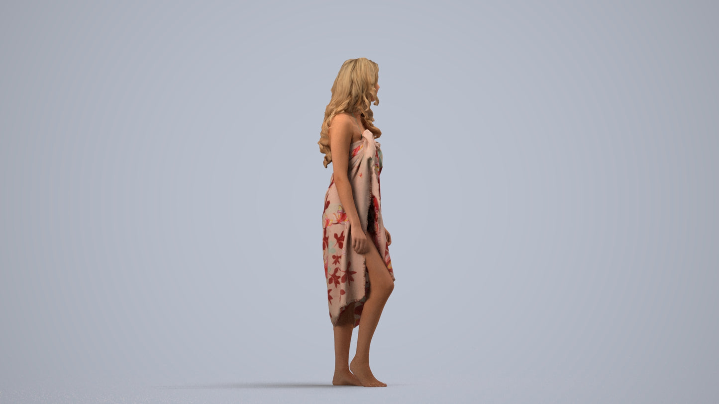 3D human model woman pool, photogrammetry scanned person for archviz, side view render