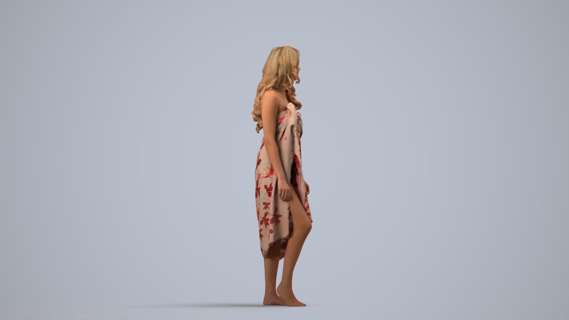 3D human model woman pool, photogrammetry scanned person for archviz, side view render