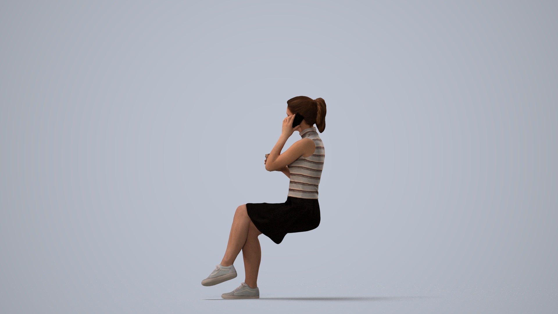 scanned 3D woman casual sitting, photogrammetry people for Enscape and V-Ray, three-quarter view render
