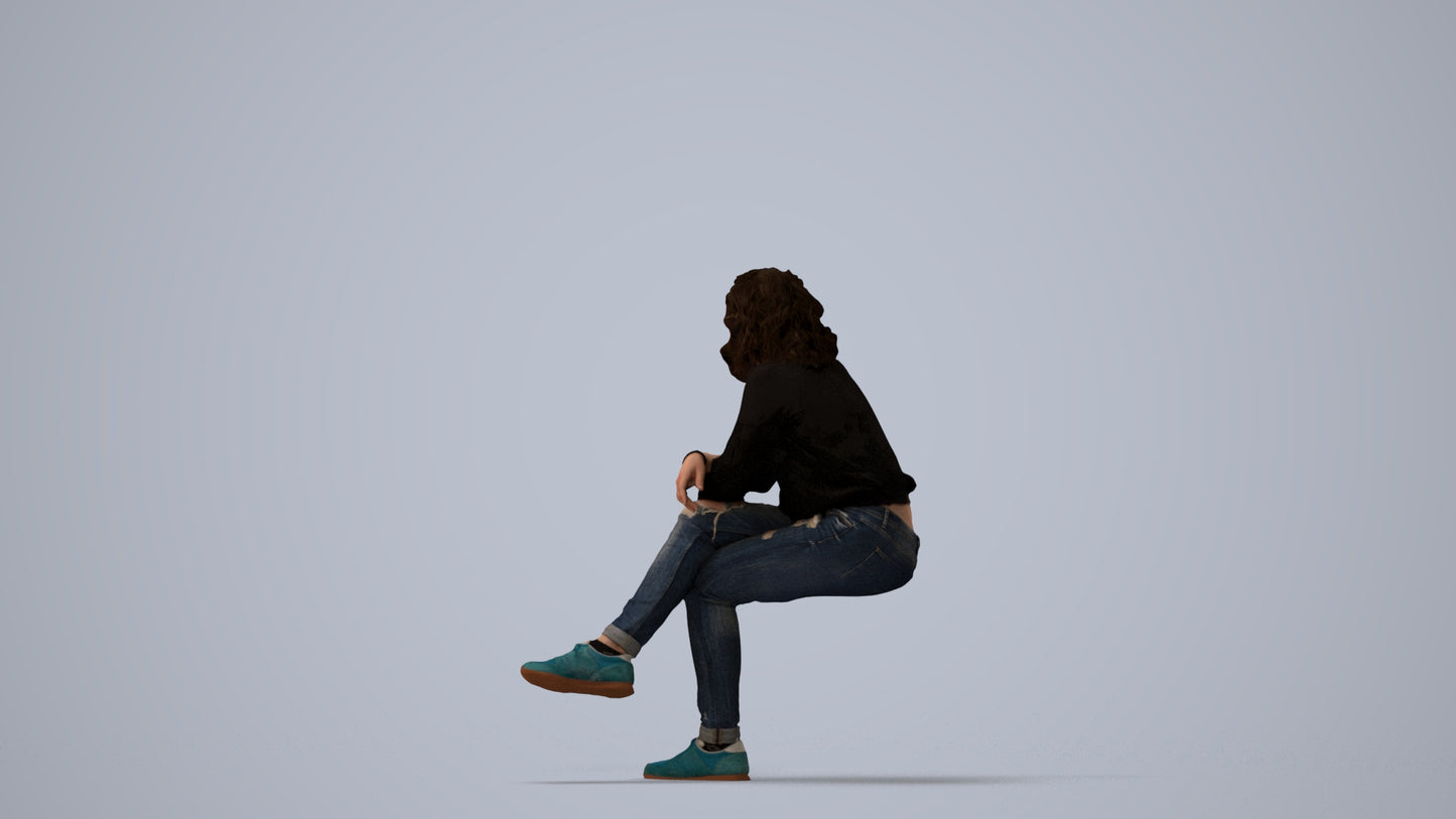 photogrammetry 3D woman casual sitting, realistic human model archviz FBX, three-quarter view render