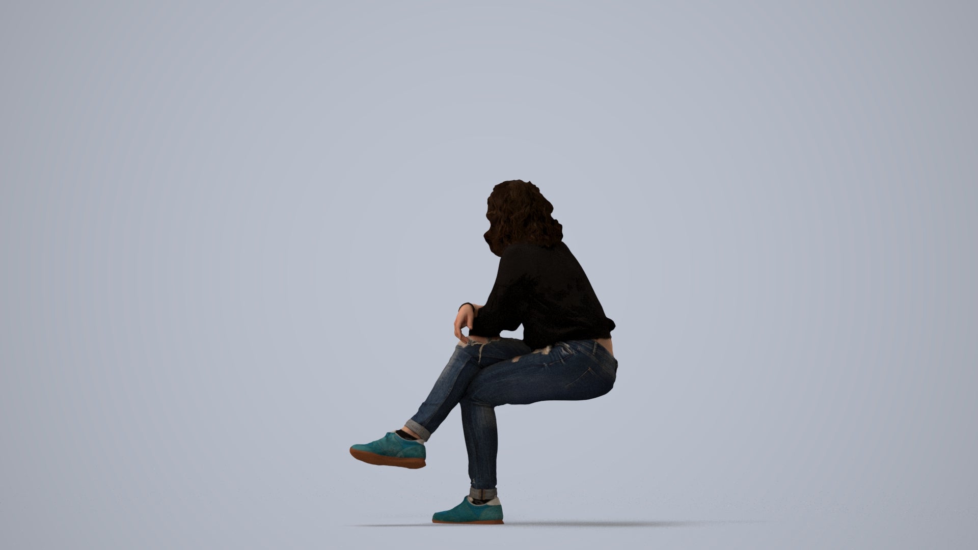 photogrammetry 3D woman casual sitting, realistic human model archviz FBX, three-quarter view render