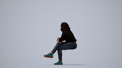 photogrammetry 3D woman casual sitting, realistic human model archviz FBX, three-quarter view render