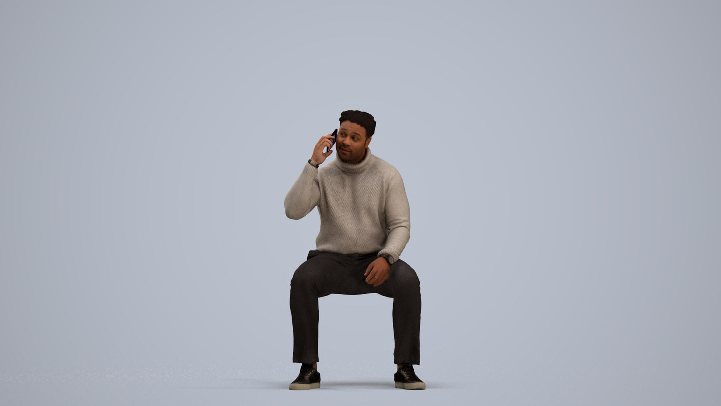 3D human model man casual sitting, photogrammetry scanned person for archviz, standing pose render