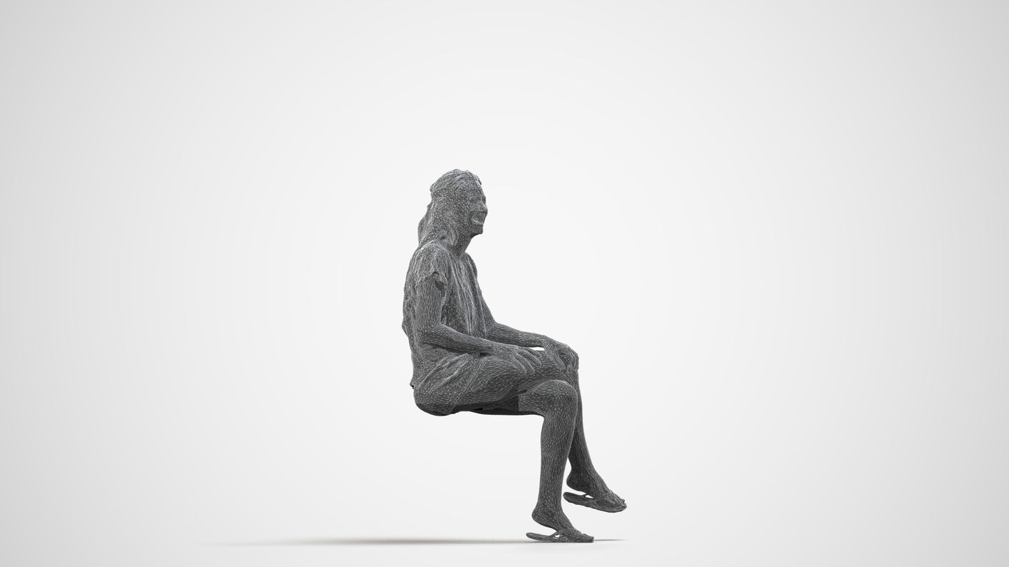photogrammetry 3D woman casual sitting, realistic human model archviz FBX, wireframe side view