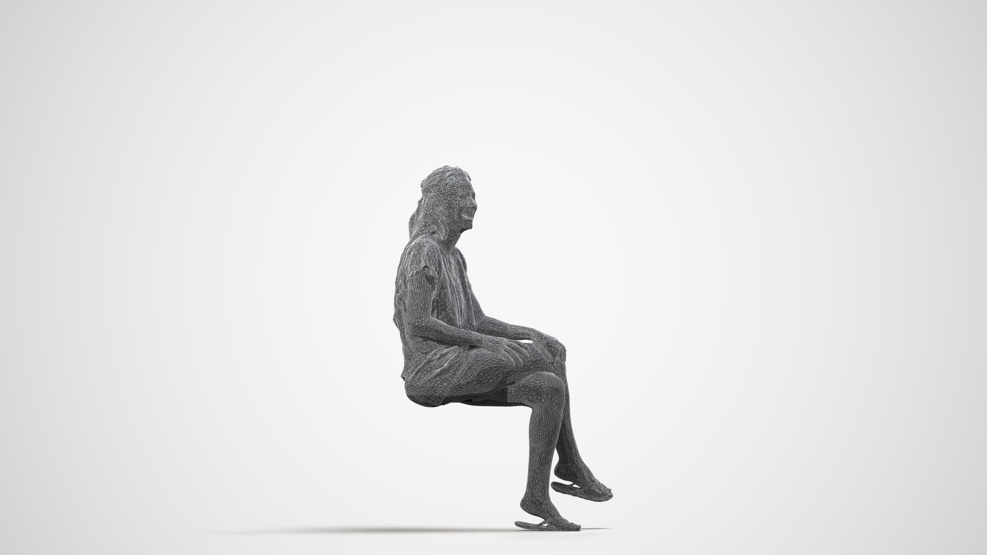 photogrammetry 3D woman casual sitting, realistic human model archviz FBX, wireframe side view