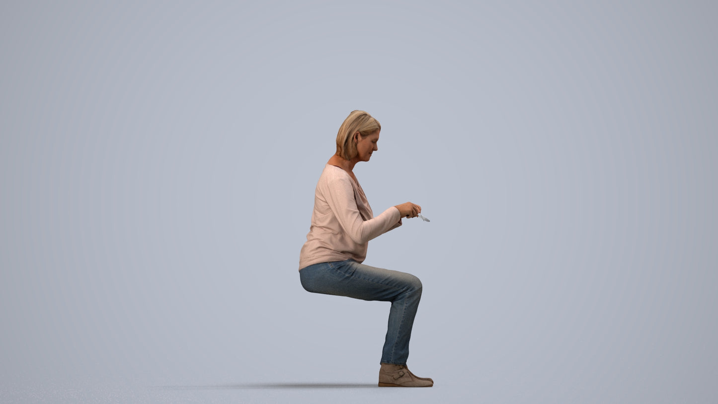 scanned 3D woman casual sitting, photogrammetry people for Enscape and V-Ray, side view render