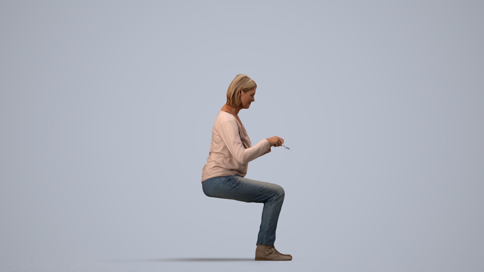 scanned 3D woman casual sitting, photogrammetry people for Enscape and V-Ray, side view render