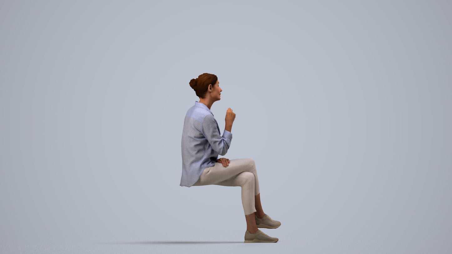 realistic 3D senior woman casual sitting, scanned archviz people for Blender and 3ds Max, side view render