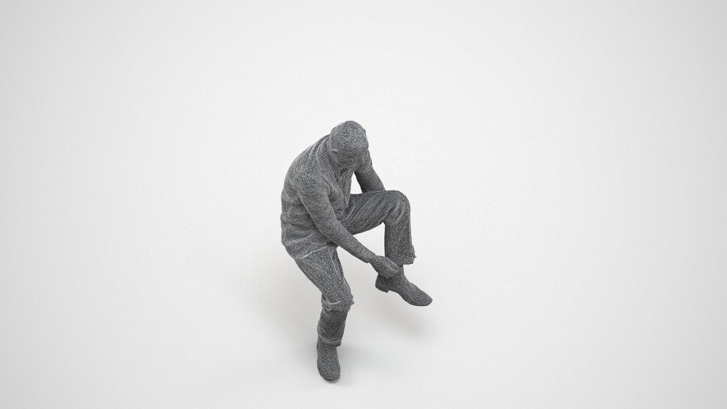 3D scanned woman sitting casual, photorealistic archviz people for Enscape and SketchUp, wireframe three-quarter view
