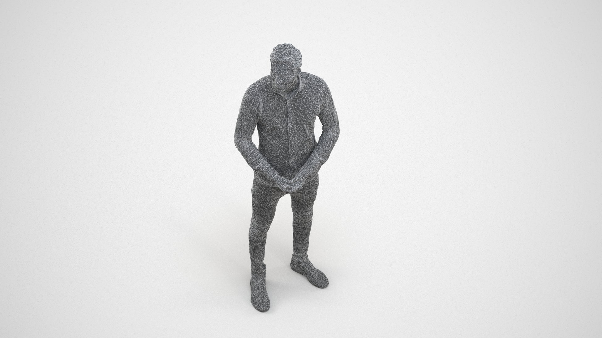 realistic 3D human man casual standing, archviz people FBX OBJ for Blender, wireframe three-quarter view