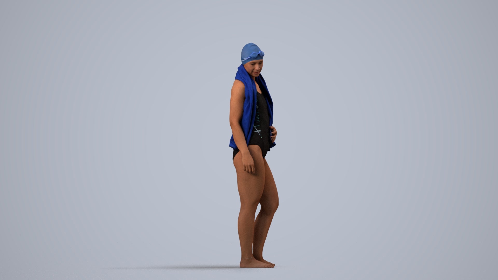 3D people model woman sport pool, scanned human for 3ds Max rendering, side view render