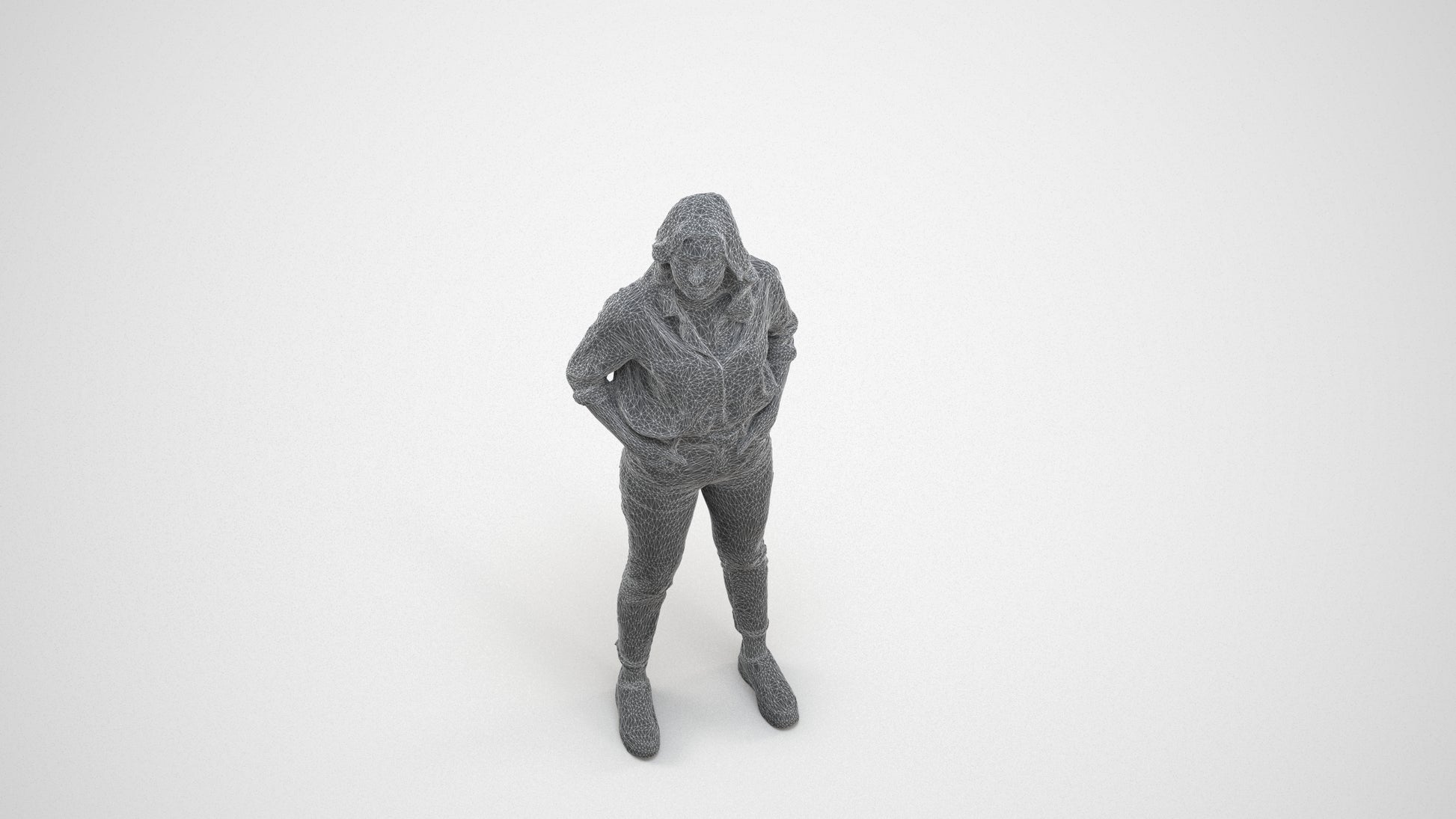 realistic 3D woman casual standing, scanned archviz people for Blender and 3ds Max, wireframe three-quarter view