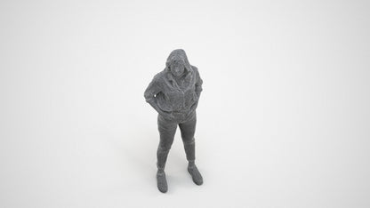 realistic 3D woman casual standing, scanned archviz people for Blender and 3ds Max, wireframe three-quarter view