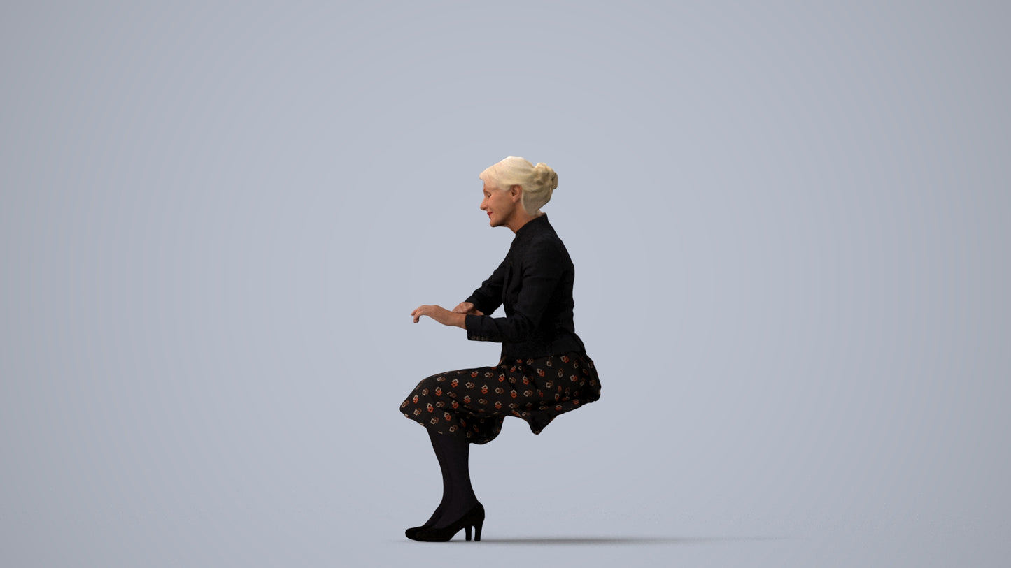 scanned 3D senior woman formal sitting, photogrammetry people for Enscape and V-Ray, three-quarter view render