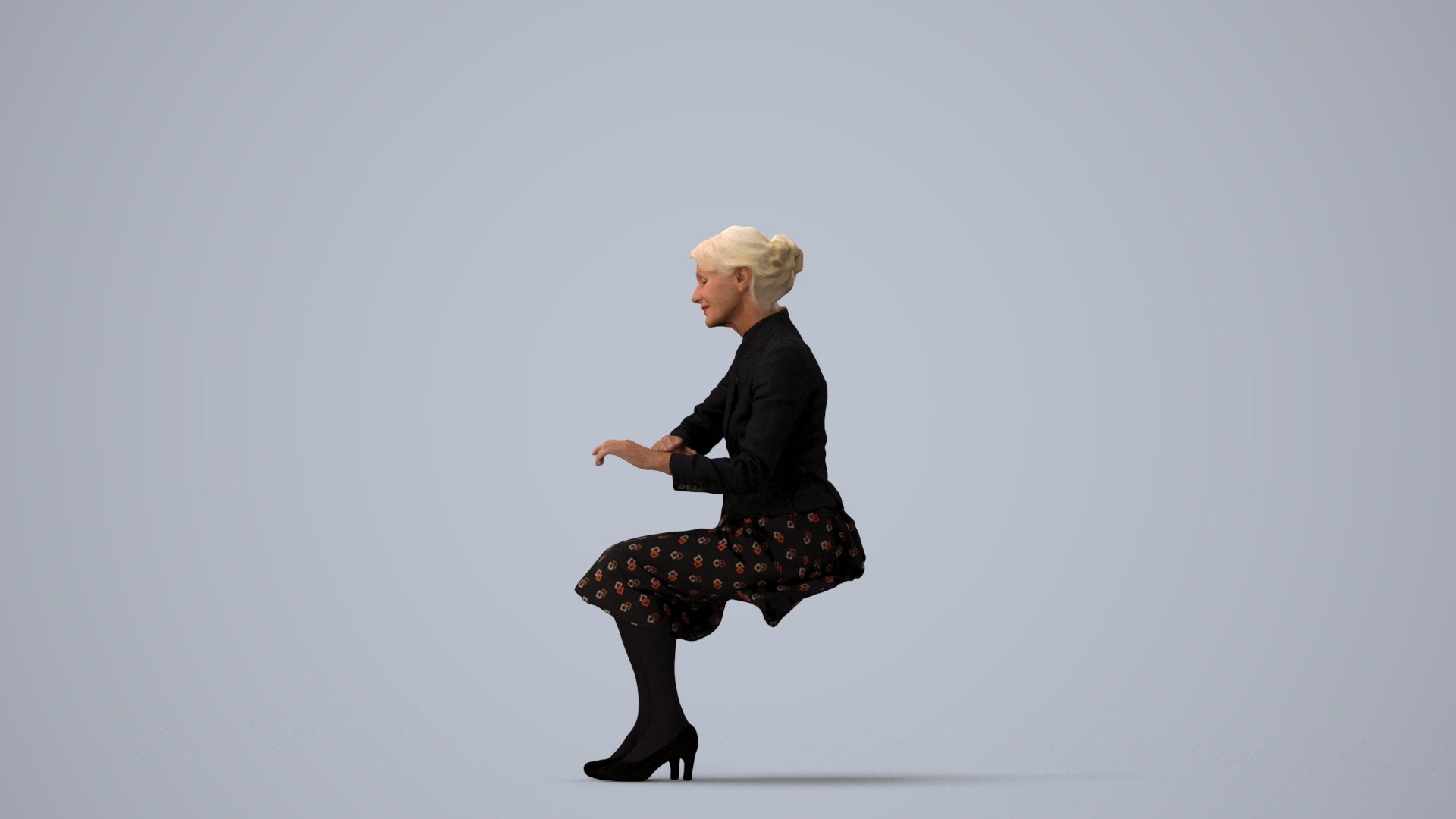 scanned 3D senior woman formal sitting, photogrammetry people for Enscape and V-Ray, three-quarter view render