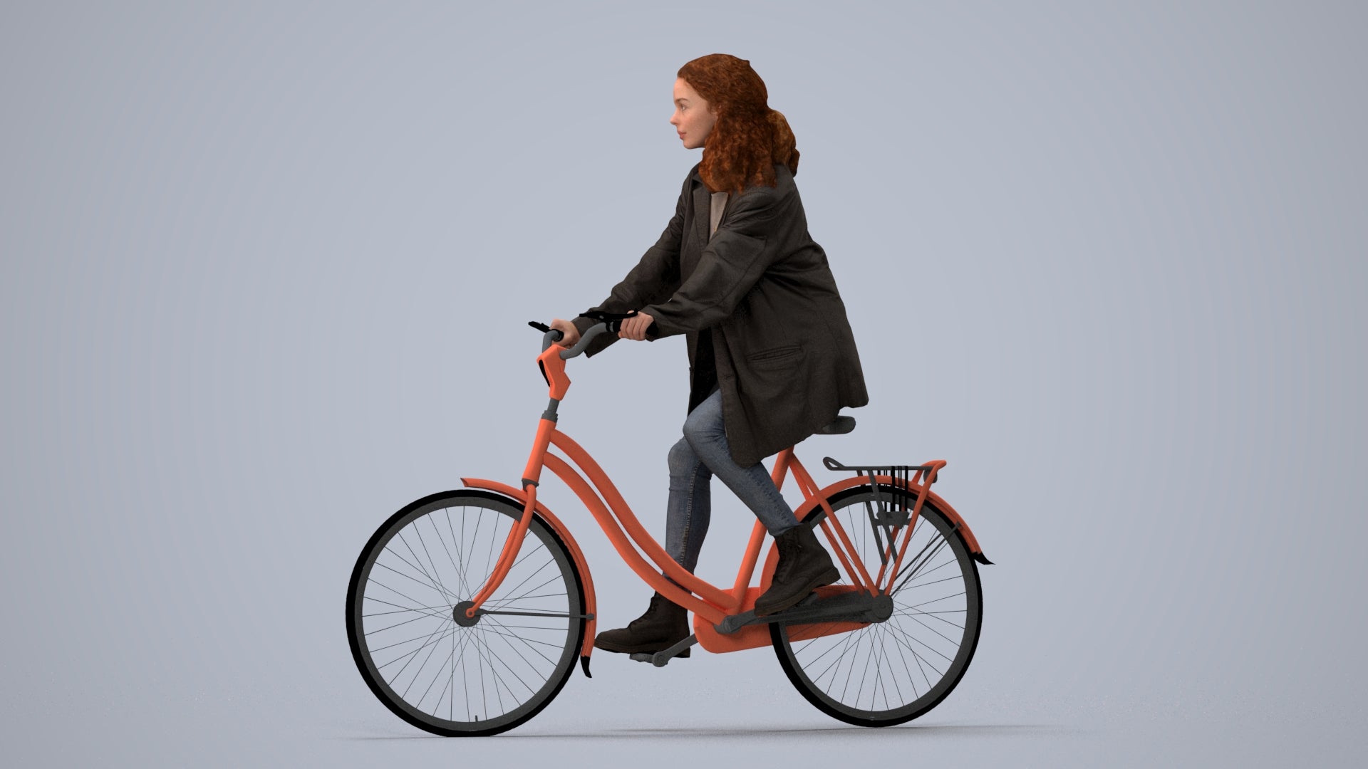 scanned 3D woman casual cycling, photogrammetry people for Enscape and V-Ray, three-quarter view render