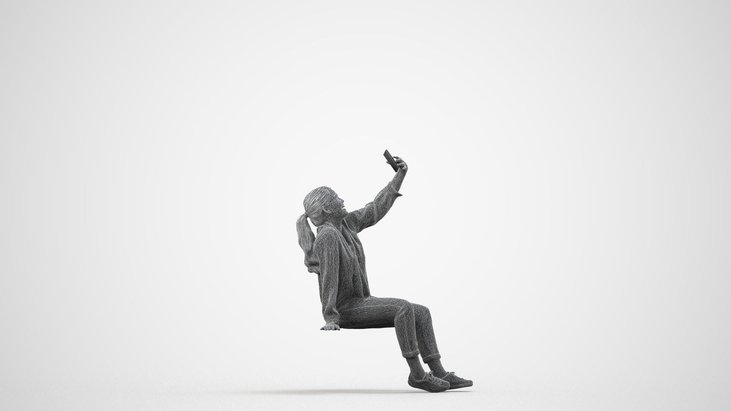 3D people model woman casual sitting, scanned human for 3ds Max rendering, wireframe side view