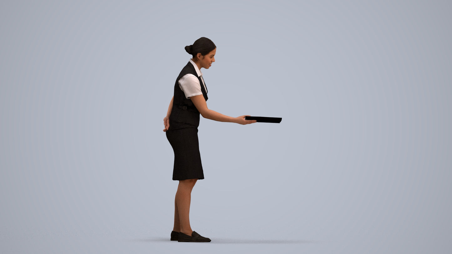 photogrammetry 3D woman hospitality, realistic human model archviz FBX, standing pose render
