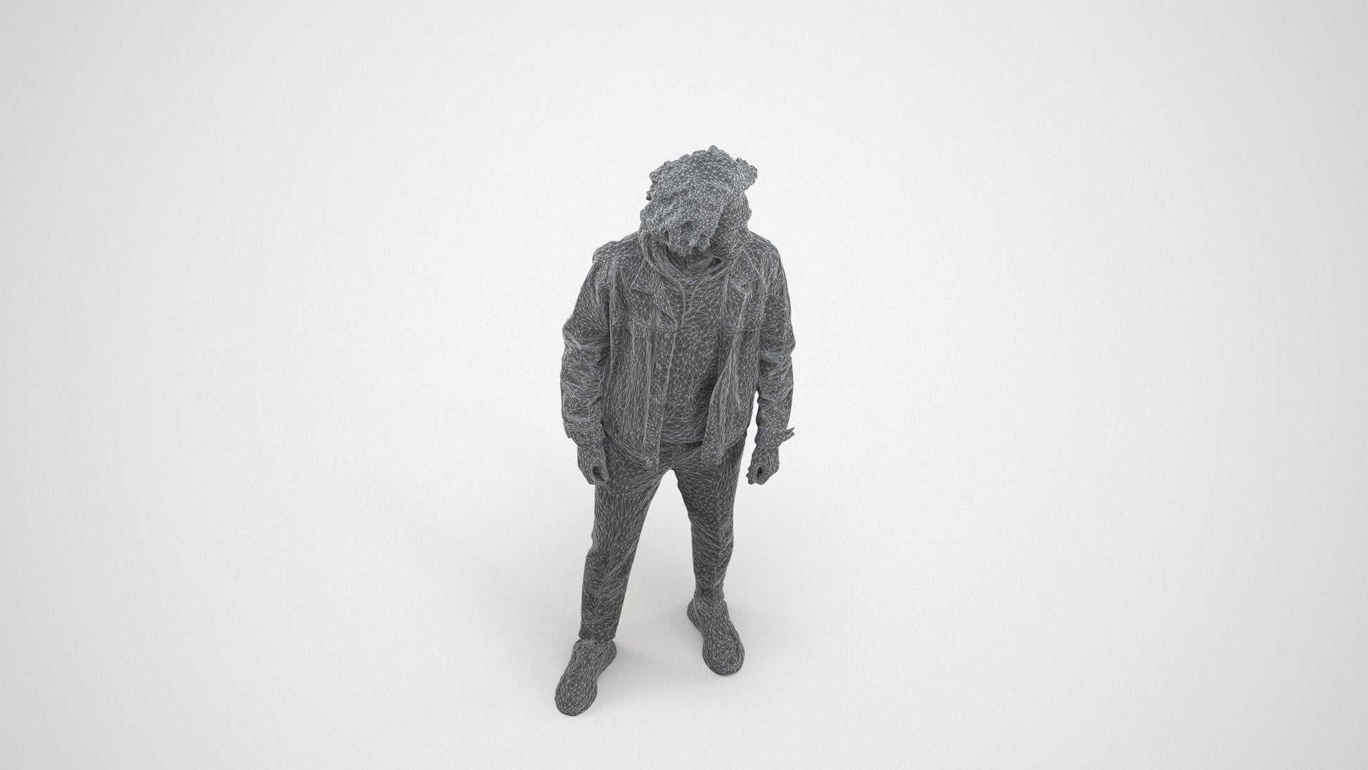 3D human model man casual standing, photogrammetry scanned person for archviz, wireframe three-quarter view