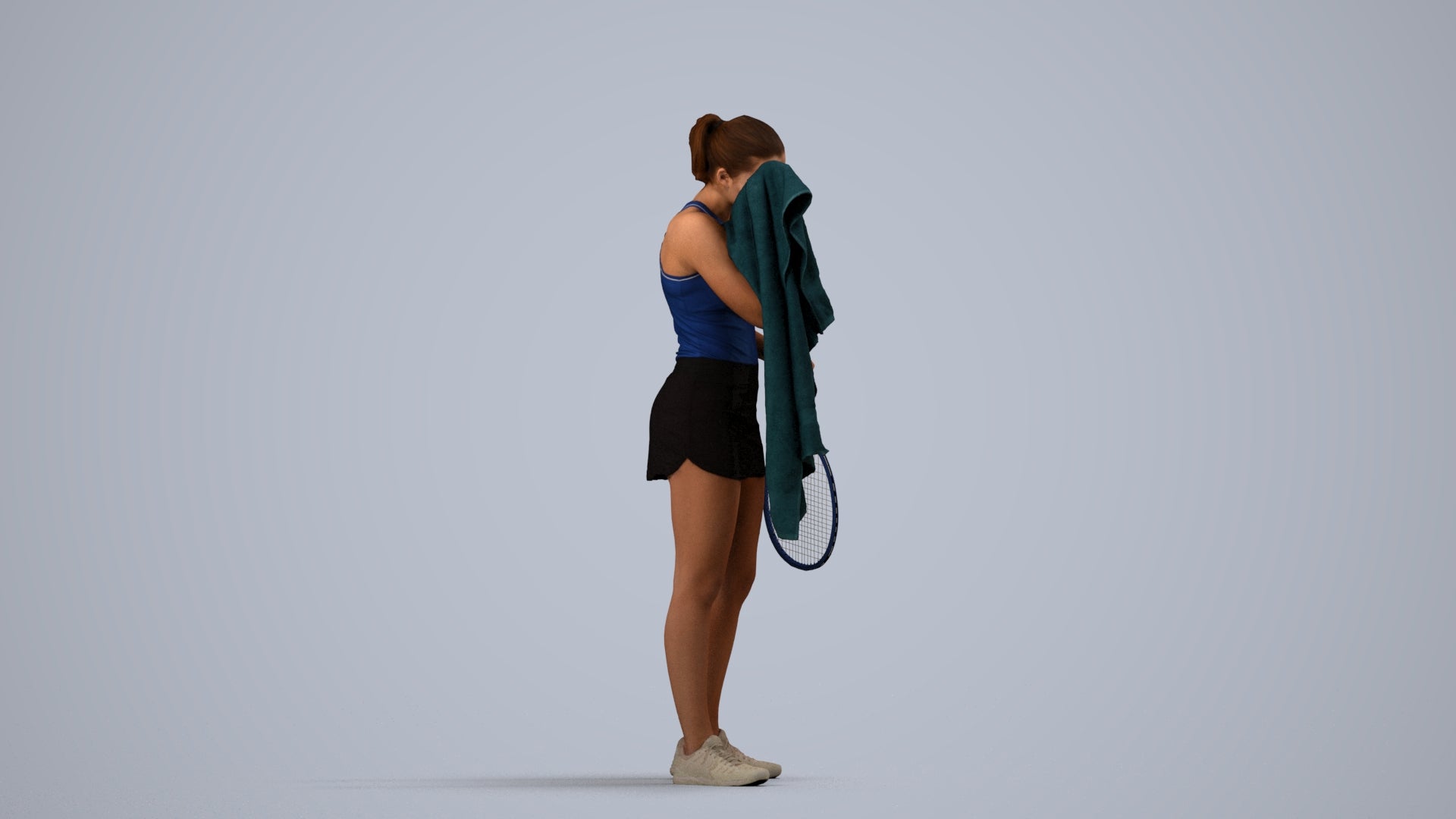 3D human model girl sport, photogrammetry scanned person for archviz, side view render