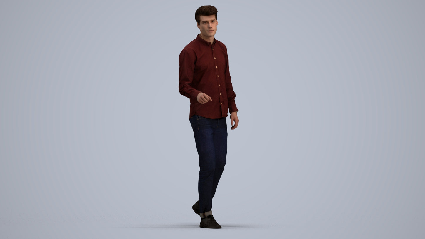 3D human model man casual walking, photogrammetry scanned person for archviz, standing pose render