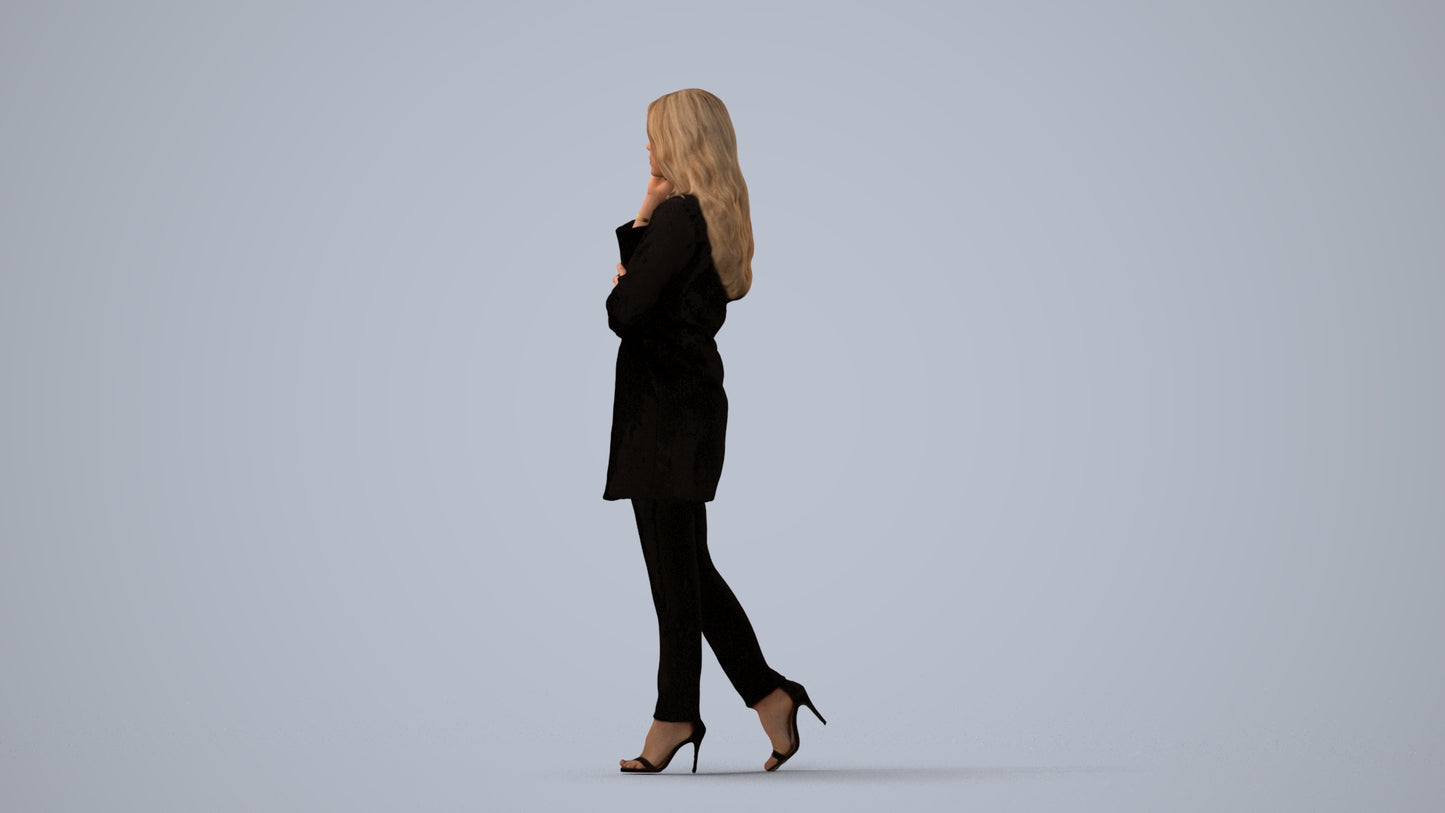3D human model woman business walking, photogrammetry scanned person for archviz, three-quarter view render