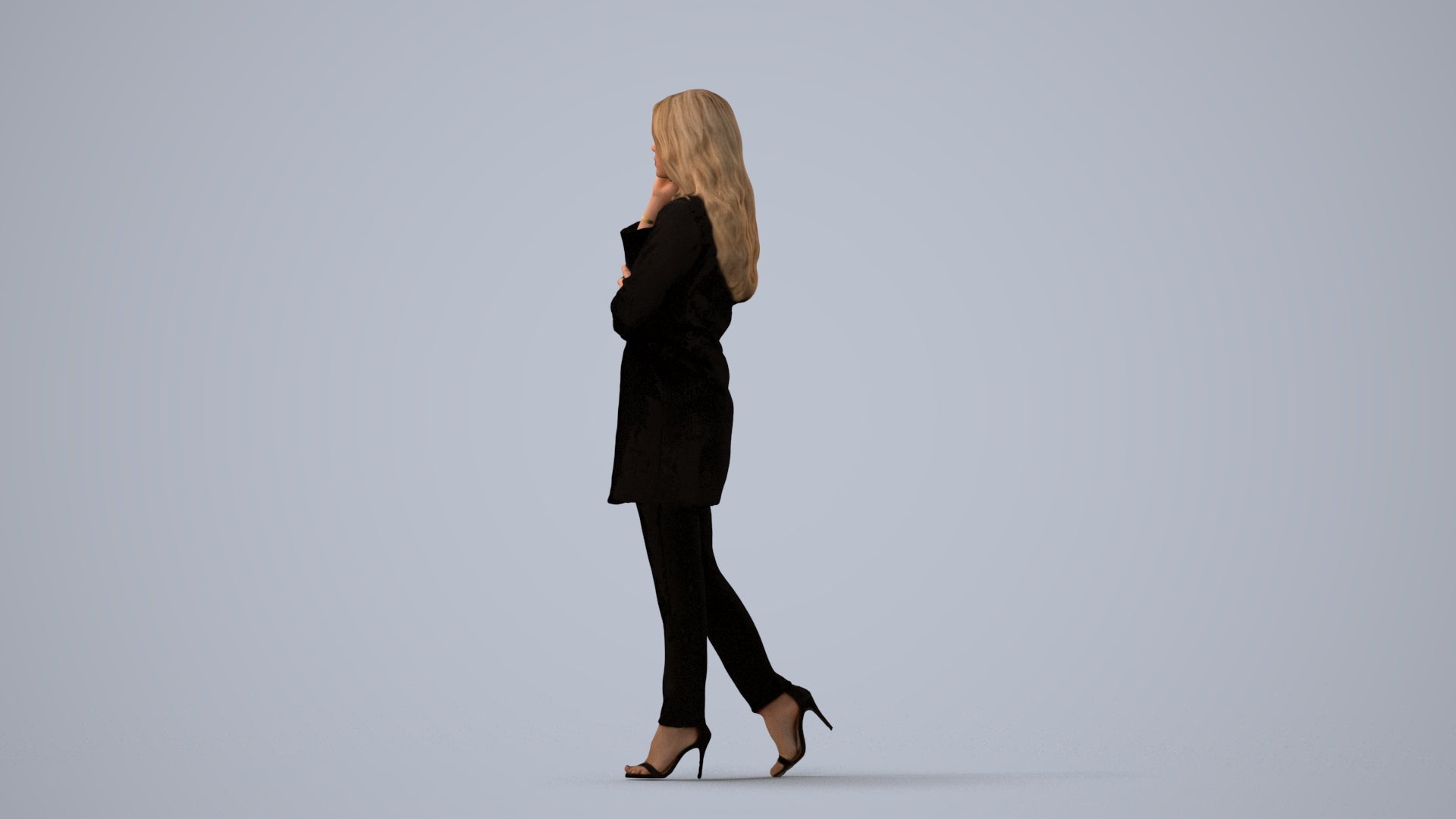 3D human model woman business walking, photogrammetry scanned person for archviz, three-quarter view render