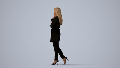 3D human model woman business walking, photogrammetry scanned person for archviz, three-quarter view render