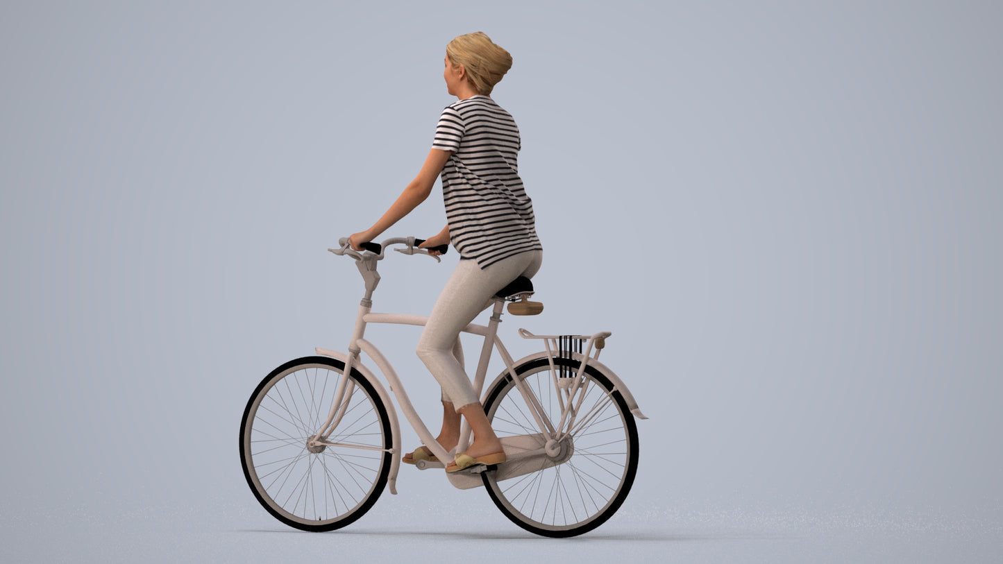 3D people model woman casual cycling, scanned human for 3ds Max rendering, three-quarter view render