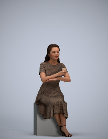 3D human model woman casual sitting, photogrammetry scanned person for archviz