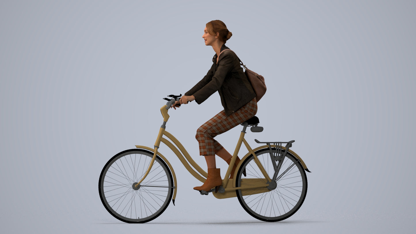 photogrammetry 3D woman business cycling, realistic human model archviz FBX, three-quarter view render
