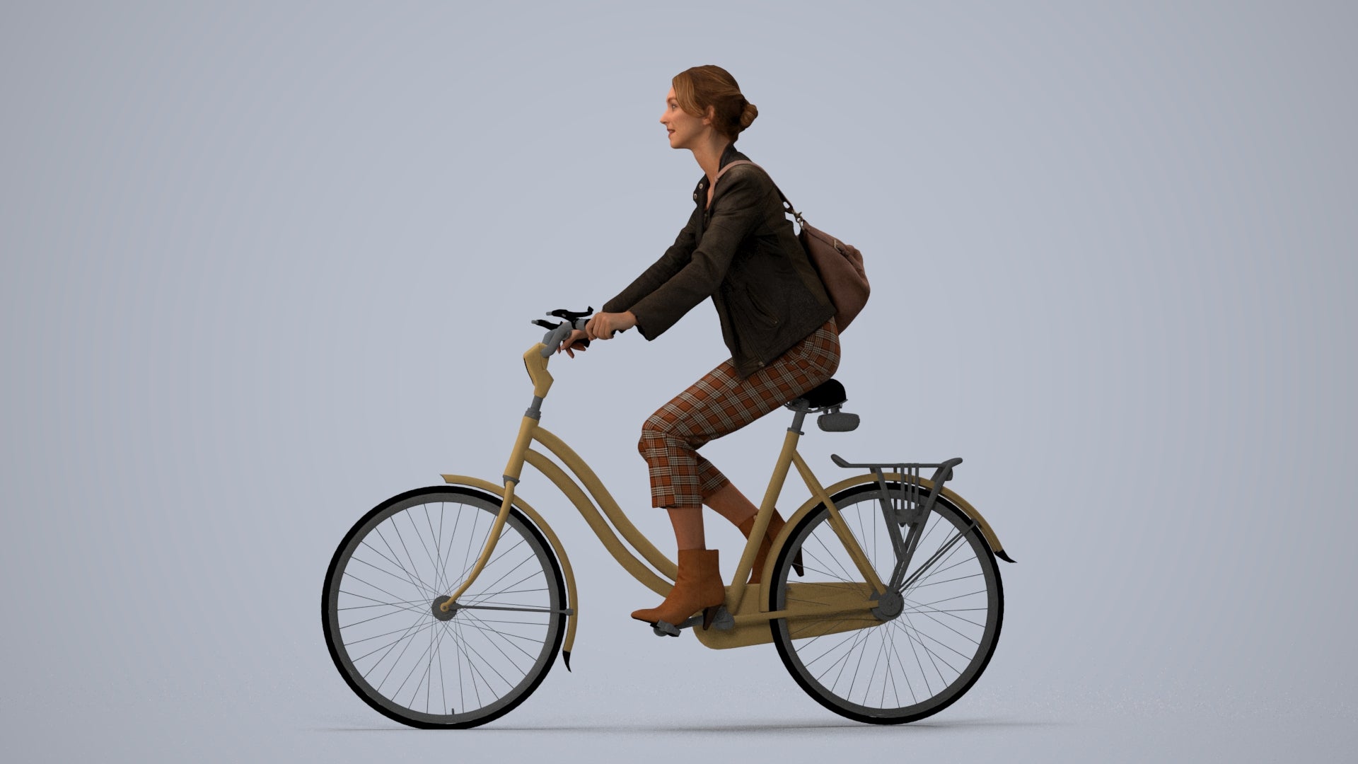 photogrammetry 3D woman business cycling, realistic human model archviz FBX, three-quarter view render
