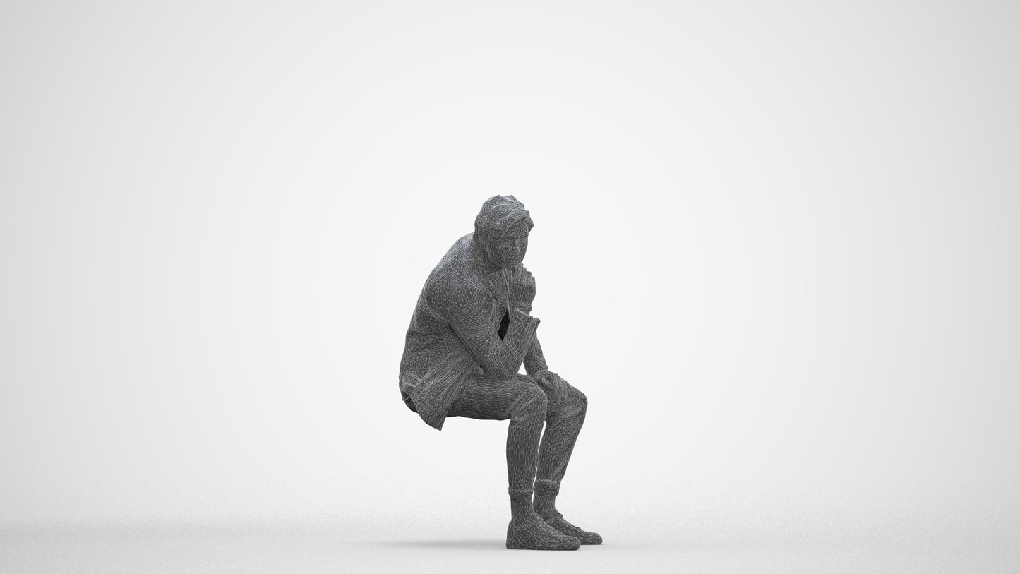 scanned 3D man casual sitting, photogrammetry people for Enscape and V-Ray, three-quarter front view render