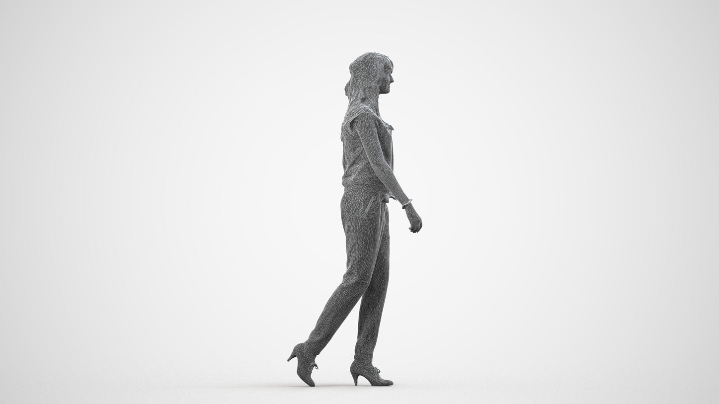 3D scanned woman walking casual, photorealistic archviz people for Enscape and SketchUp, wireframe side view