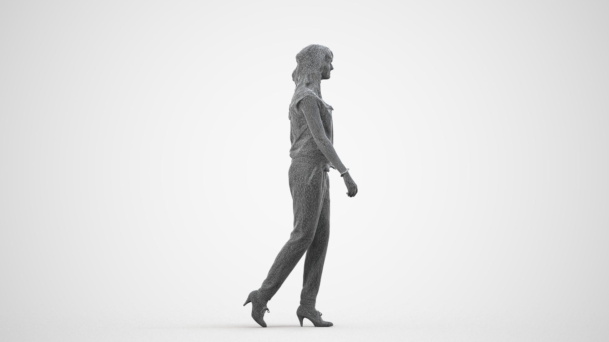 3D scanned woman walking casual, photorealistic archviz people for Enscape and SketchUp, wireframe side view