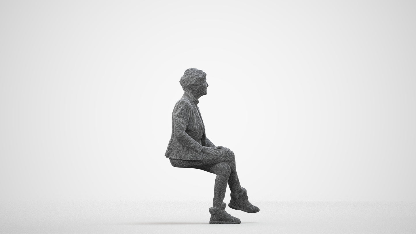 realistic 3D human senior woman business sitting, archviz people FBX OBJ for Blender, wireframe side view